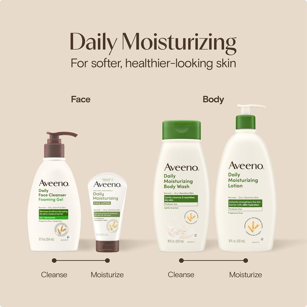 Aveeno Daily Moisturizing Body Lotion for Normal to Dry Skin, Moisturizer with Soothing Prebiotic Oat, Non Greasy, Non Comedogenic, Fragrance Free Body Lotion for Women & Men, 18 Fl Oz