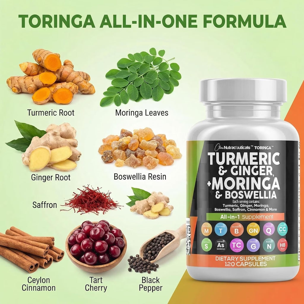 Turmeric Moringa Supplement | Ginger Boswellia Saffron - Supplement for Women and Men with Ceylon Cinnamon, Tart Cherry, Quercetin Garlic Nettle Holy Basil - 1Pack