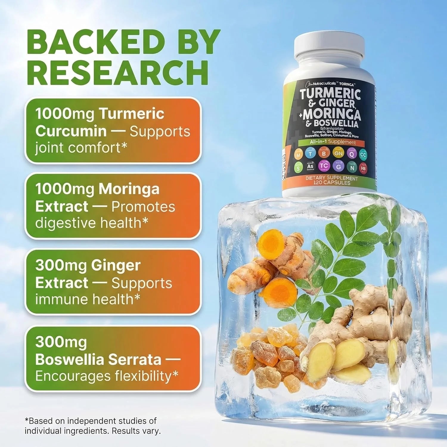 Turmeric Moringa Supplement | Ginger Boswellia Saffron - Supplement for Women and Men with Ceylon Cinnamon, Tart Cherry, Quercetin Garlic Nettle Holy Basil - 1Pack