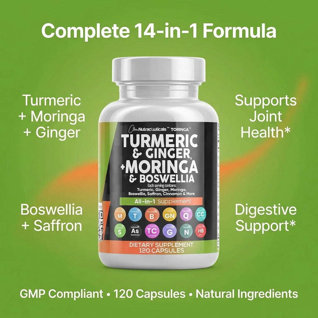 Turmeric Moringa Supplement | Ginger Boswellia Saffron - Supplement for Women and Men with Ceylon Cinnamon, Tart Cherry, Quercetin Garlic Nettle Holy Basil - 1Pack