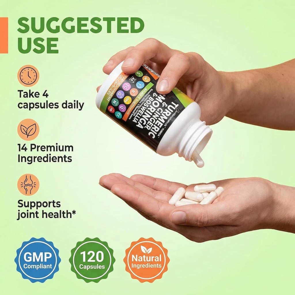 Turmeric Moringa Supplement | Ginger Boswellia Saffron - Supplement for Women and Men with Ceylon Cinnamon, Tart Cherry, Quercetin Garlic Nettle Holy Basil - 1Pack